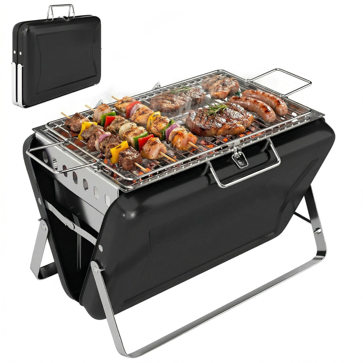 Folding Portable Charcoal BBQ Grill with Handle and Foldable Legs, Black