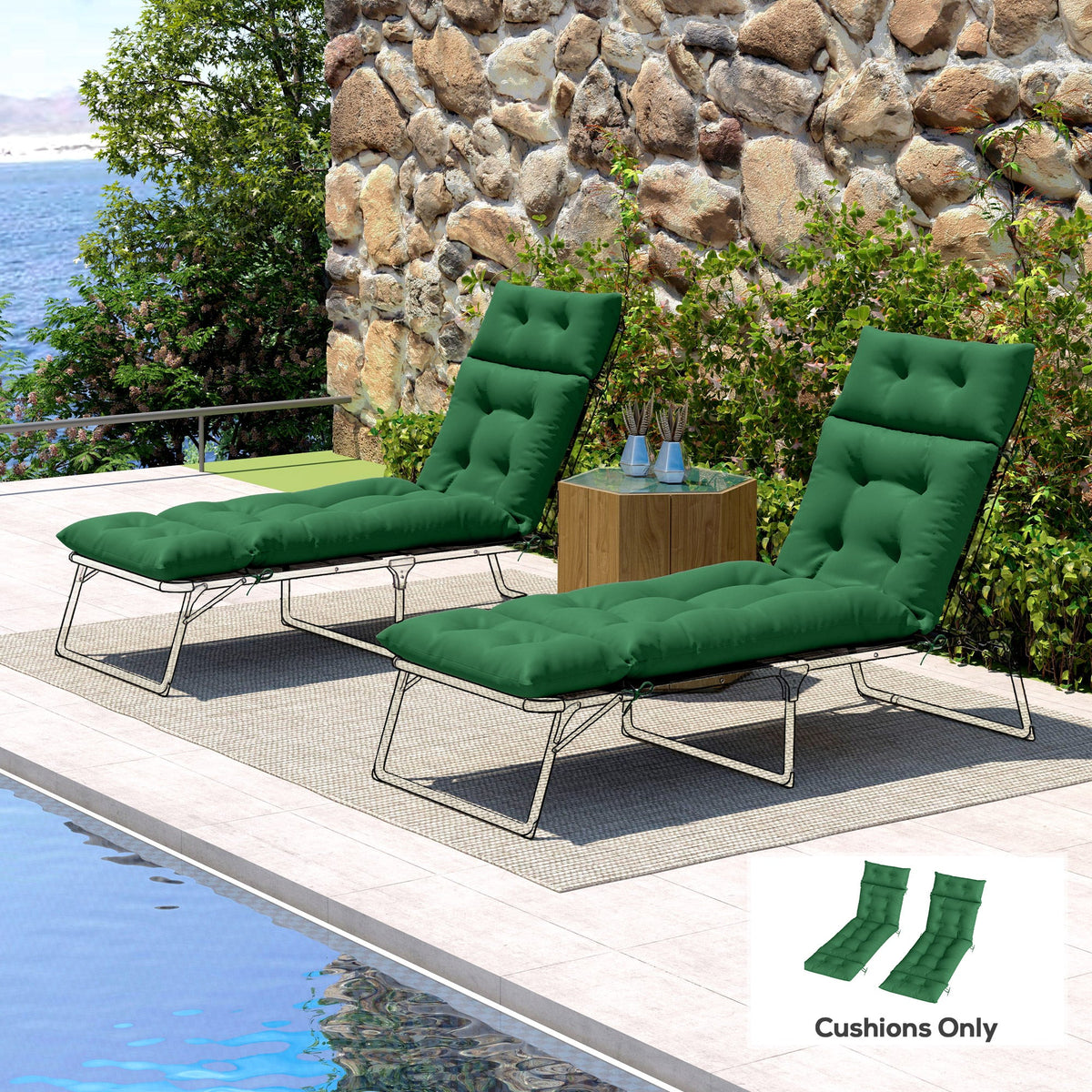 190 x 56 x 10cm Sun Lounger Cushions Set of 2, 220gsm UPF20+ Fabric with 6 Ties, Green