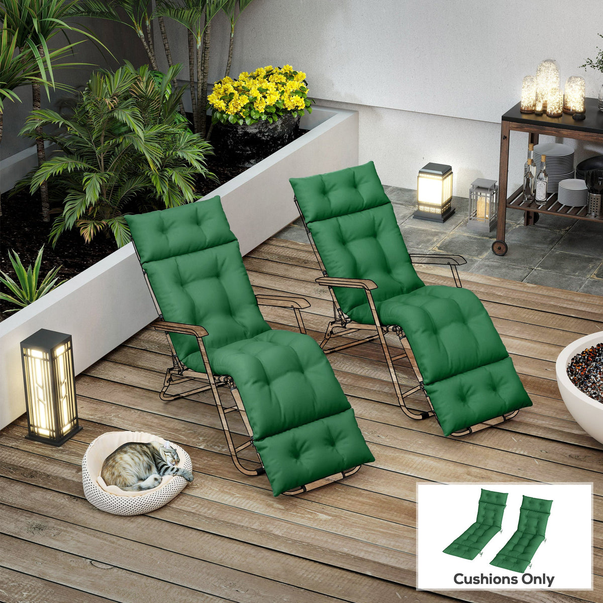 190 x 56 x 10cm Sun Lounger Cushions Set of 2, 220gsm UPF20+ Fabric with 6 Ties, Green