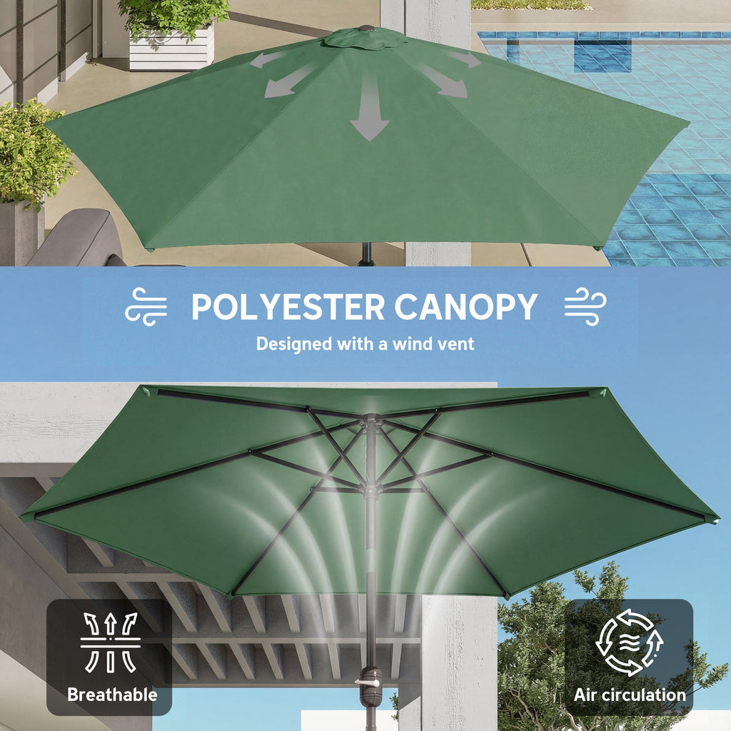 2.6 m Garden Parasol with Tilt, Crank, Vent & Aluminium Pole, Dark Green