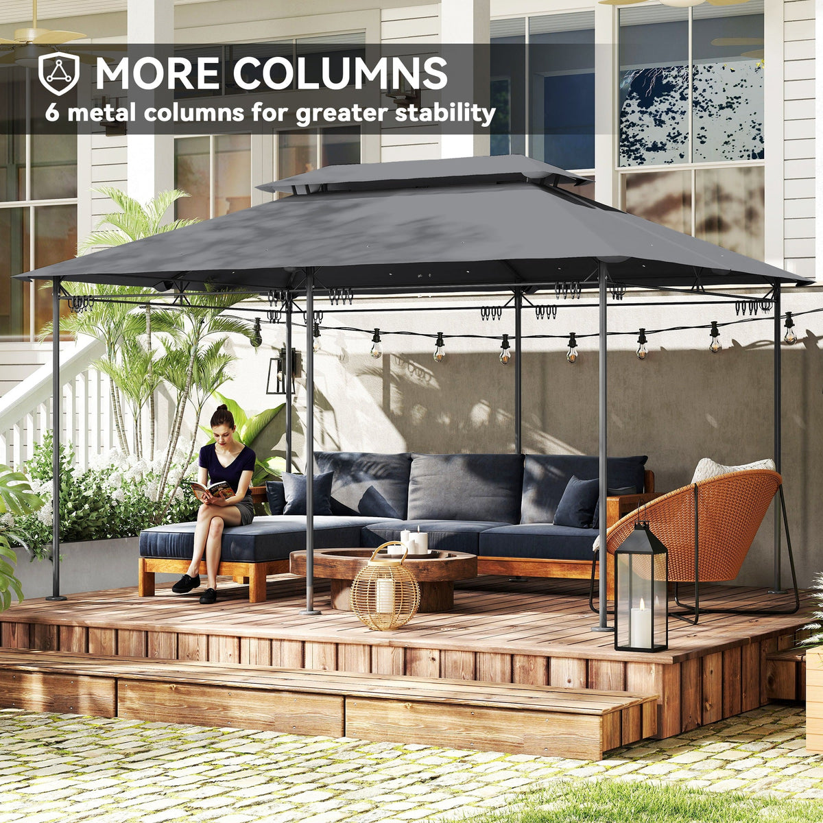 10' x 13' Patio Gazebo with Double Roof and Curtains, Grey