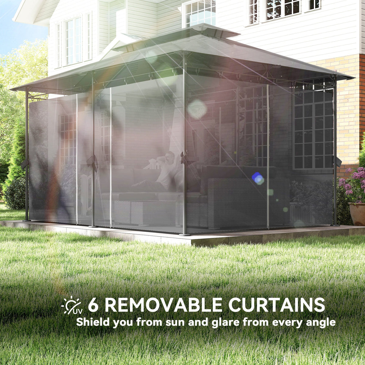 10' x 13' Patio Gazebo with Double Roof and Curtains, Grey