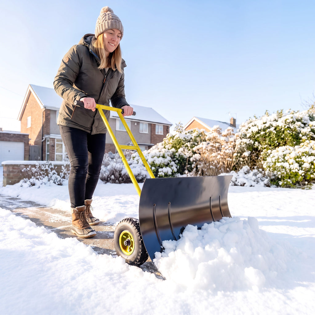Snow Pusher with Wheels, 5-Level Handle & 7-Angle Blade, 29" x 18" Yellow
