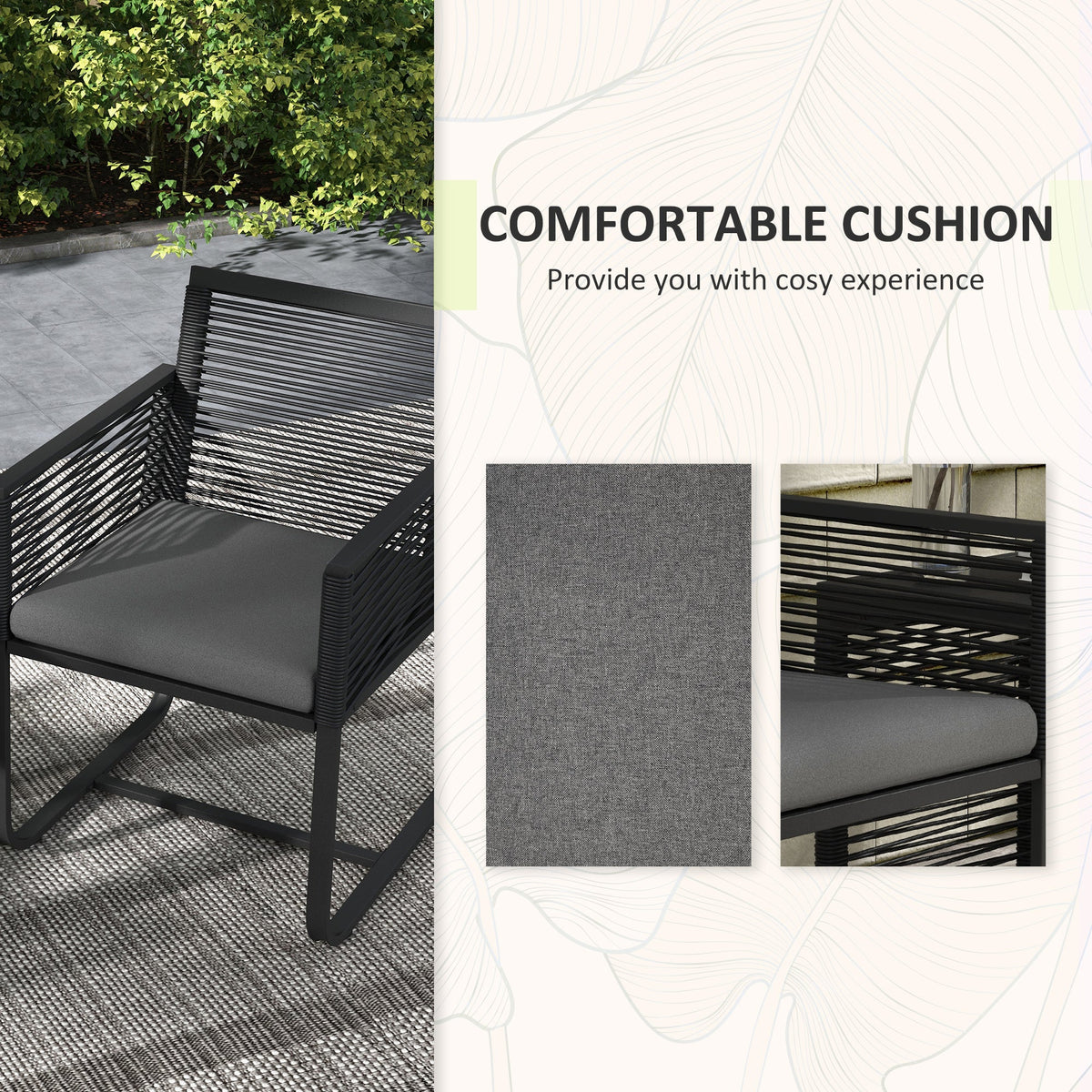 3 Piece Wicker Patio Furniture Set with Glass Top Table and Cushions, Black