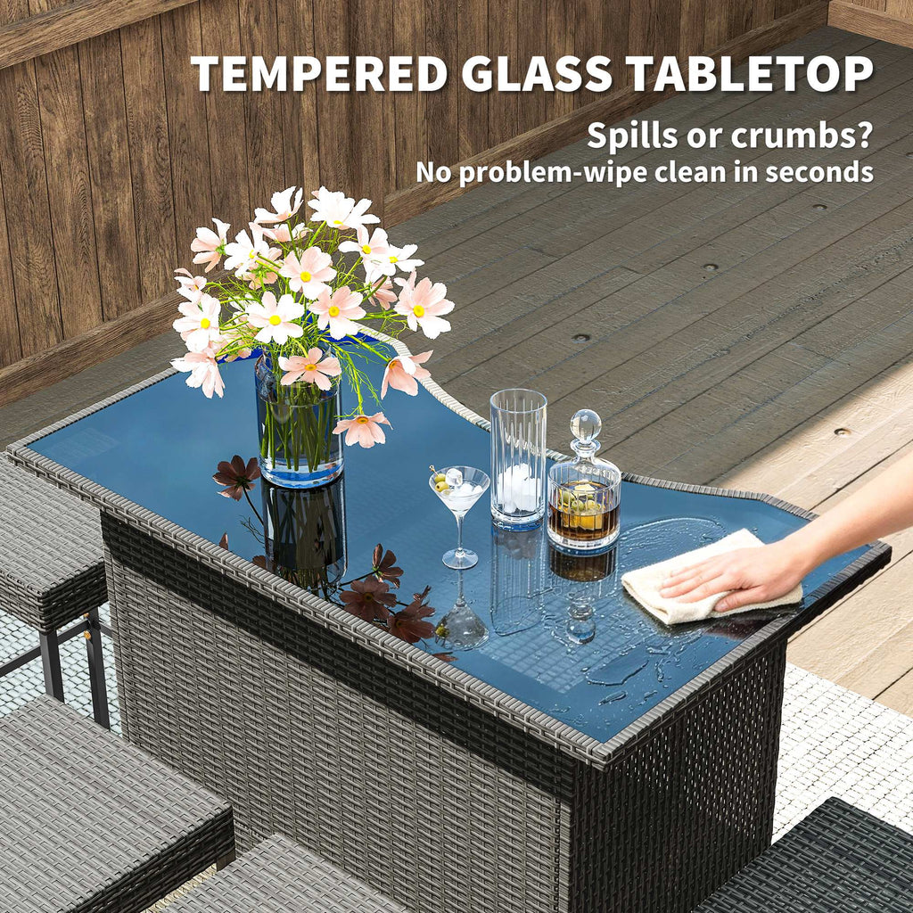 5 Piece Outdoor Wicker Bar Set with Glass Top Table and 4 Stools, Dark Gray