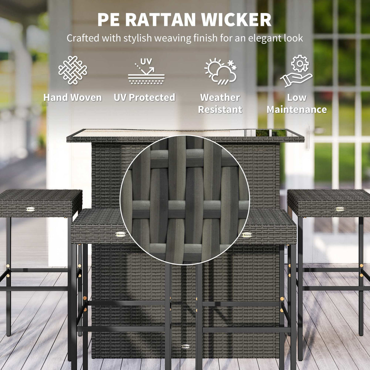 5 Piece Outdoor Wicker Bar Set with Glass Top Table and 4 Stools, Dark Gray