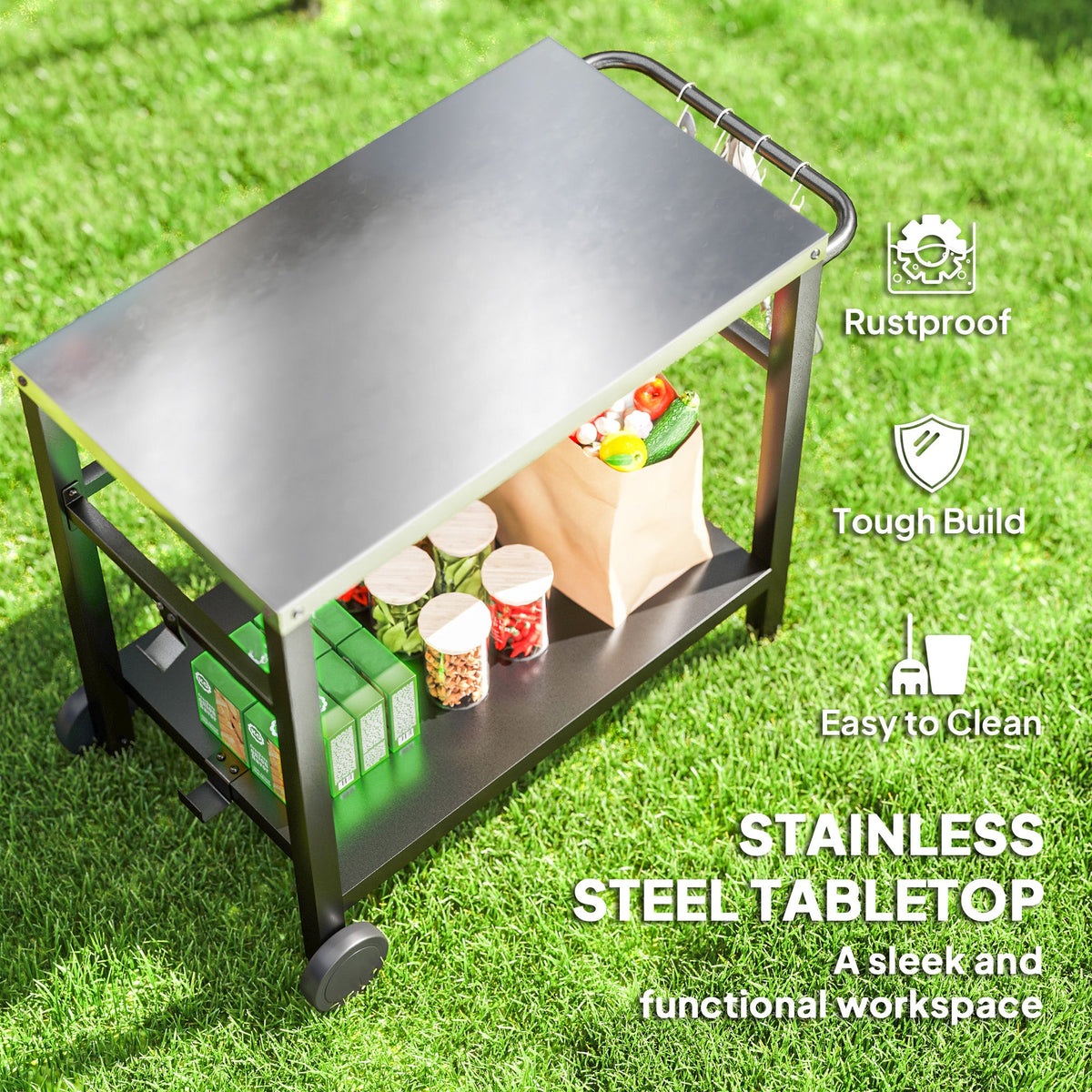 Outdoor Grill Cart with Stainless Steel Top, 2 Shelves and Wheels, Charcoal Grey
