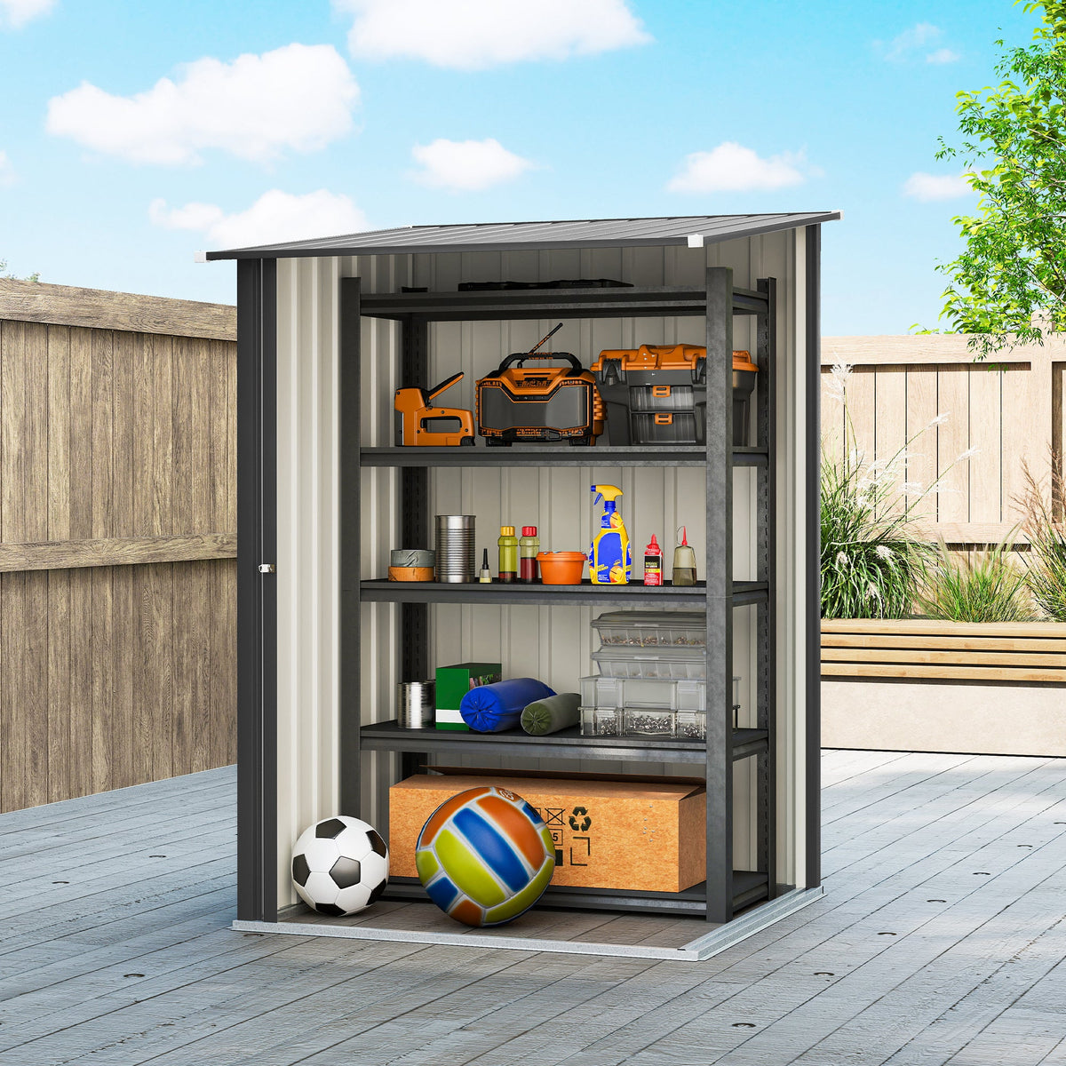 Lean-to Steel Garden Shed 3.3ft x 3.4ft with Lockable Door for Patio or Garden Storage, Dark Grey