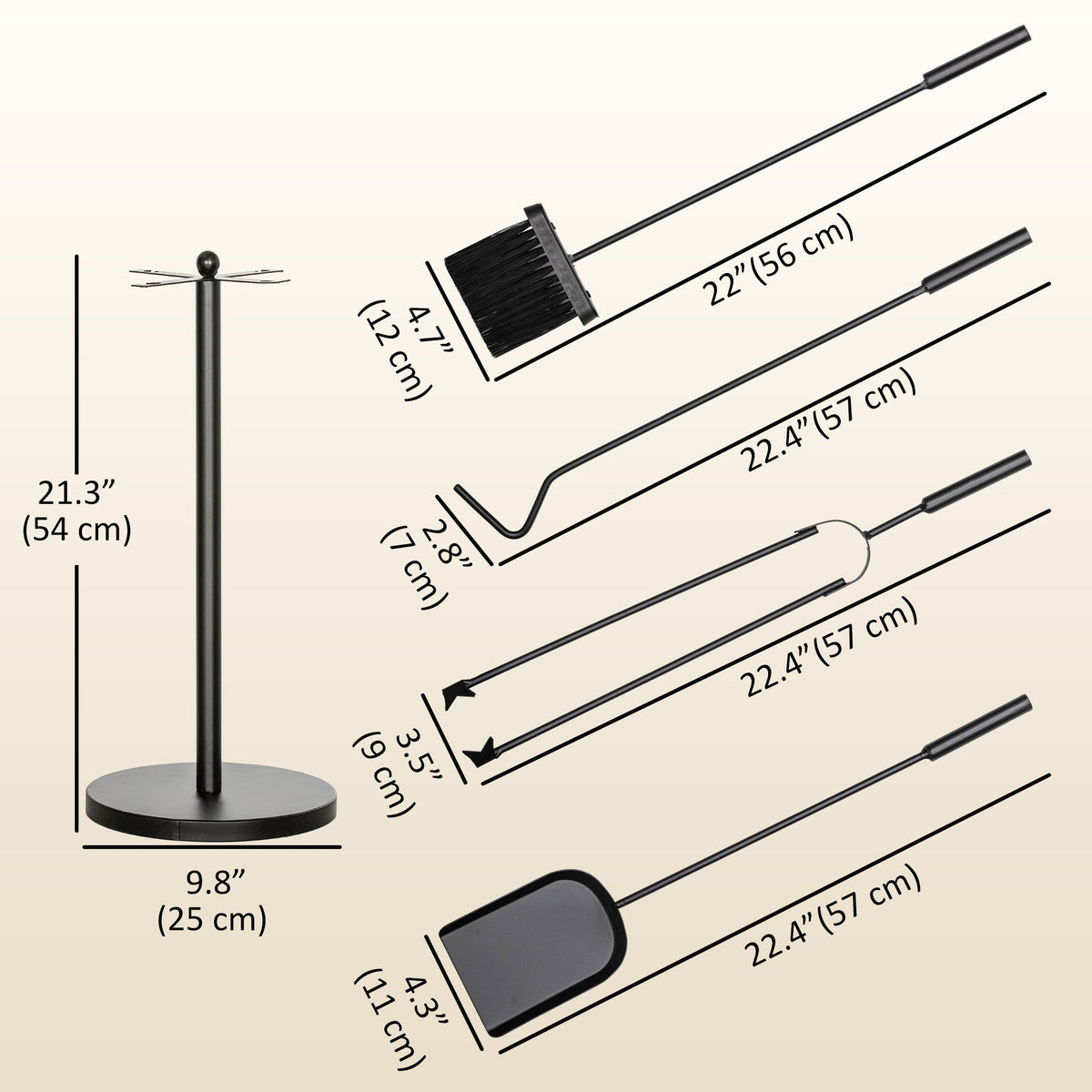 5-Piece Metal Fireplace Tool Set with Stand, Brush, Shovel, Poker & Tongs, Black