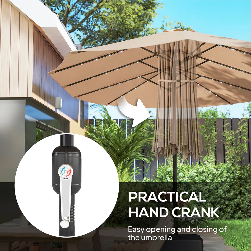 4.5 m Double-Sided Garden Parasol with LED Lights, Base & Sandbags, Khaki