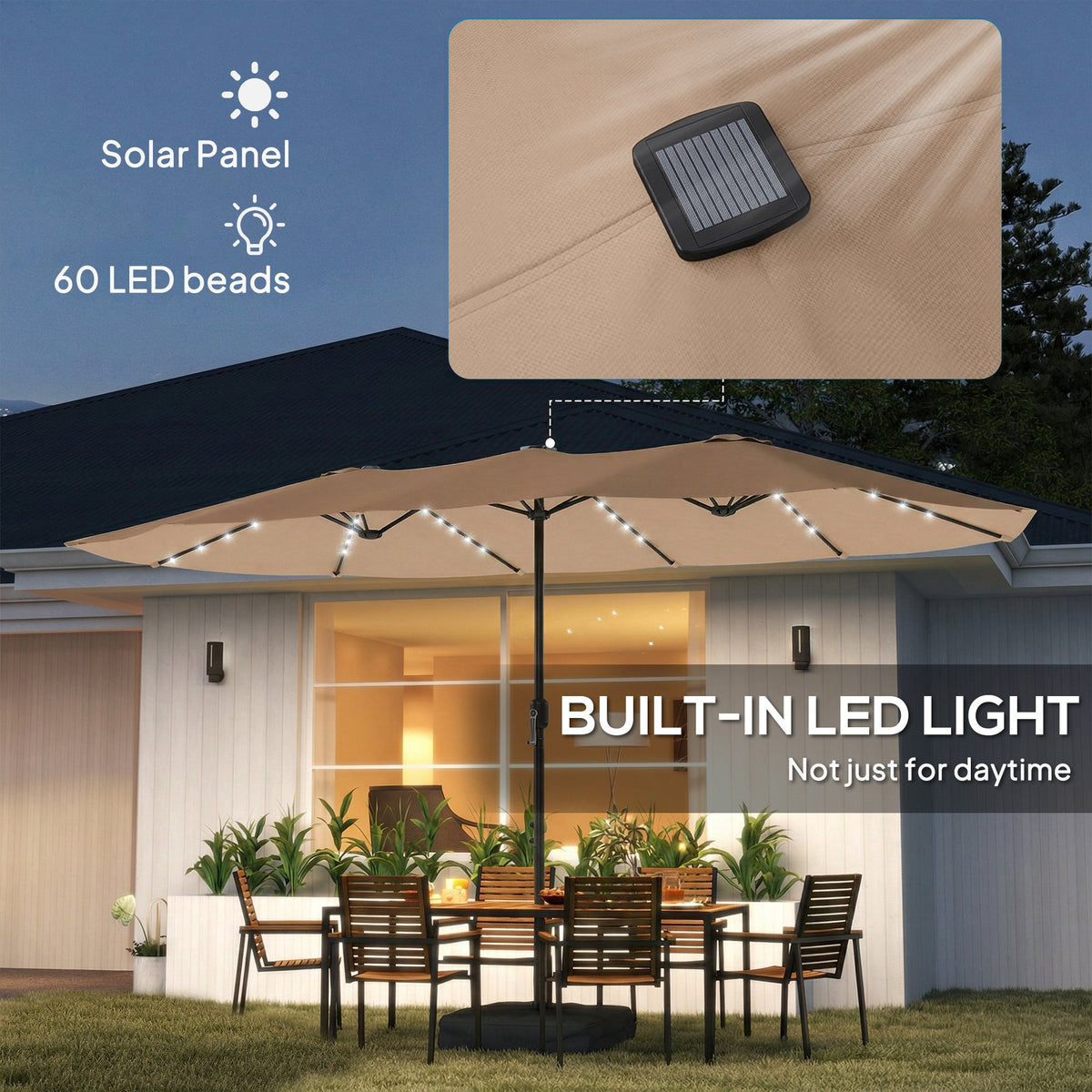4.5 m Double-Sided Garden Parasol with LED Lights, Base & Sandbags, Khaki