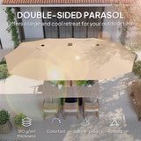 4.5 m Double-Sided Garden Parasol with LED Lights, Base & Sandbags, Khaki