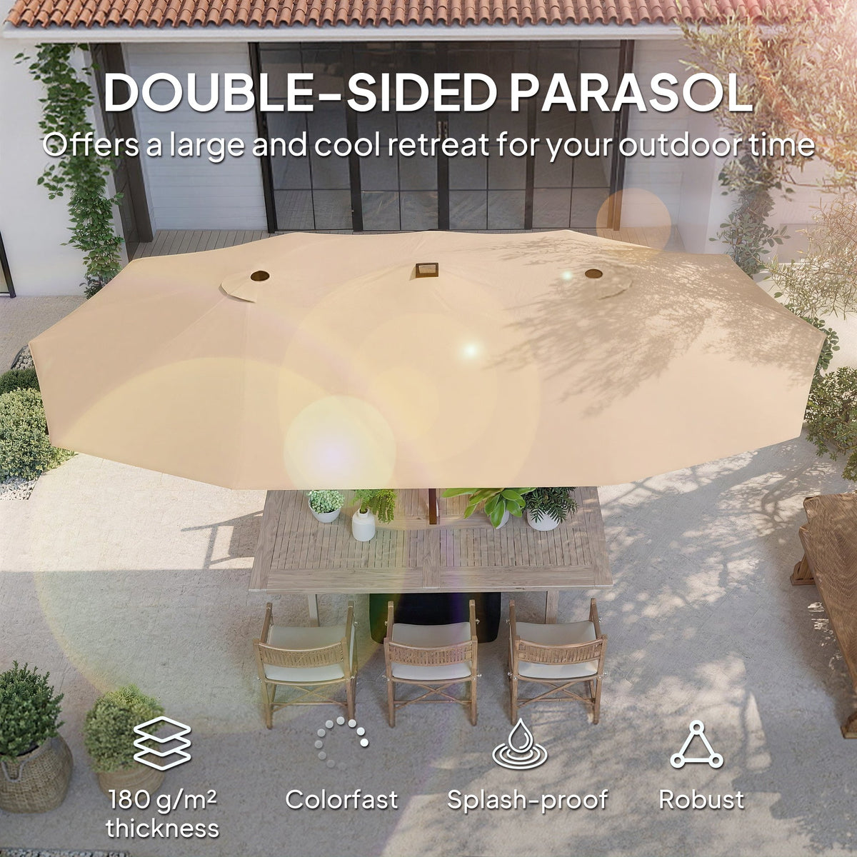 4.5 m Double-Sided Garden Parasol with LED Lights, Base & Sandbags, Khaki
