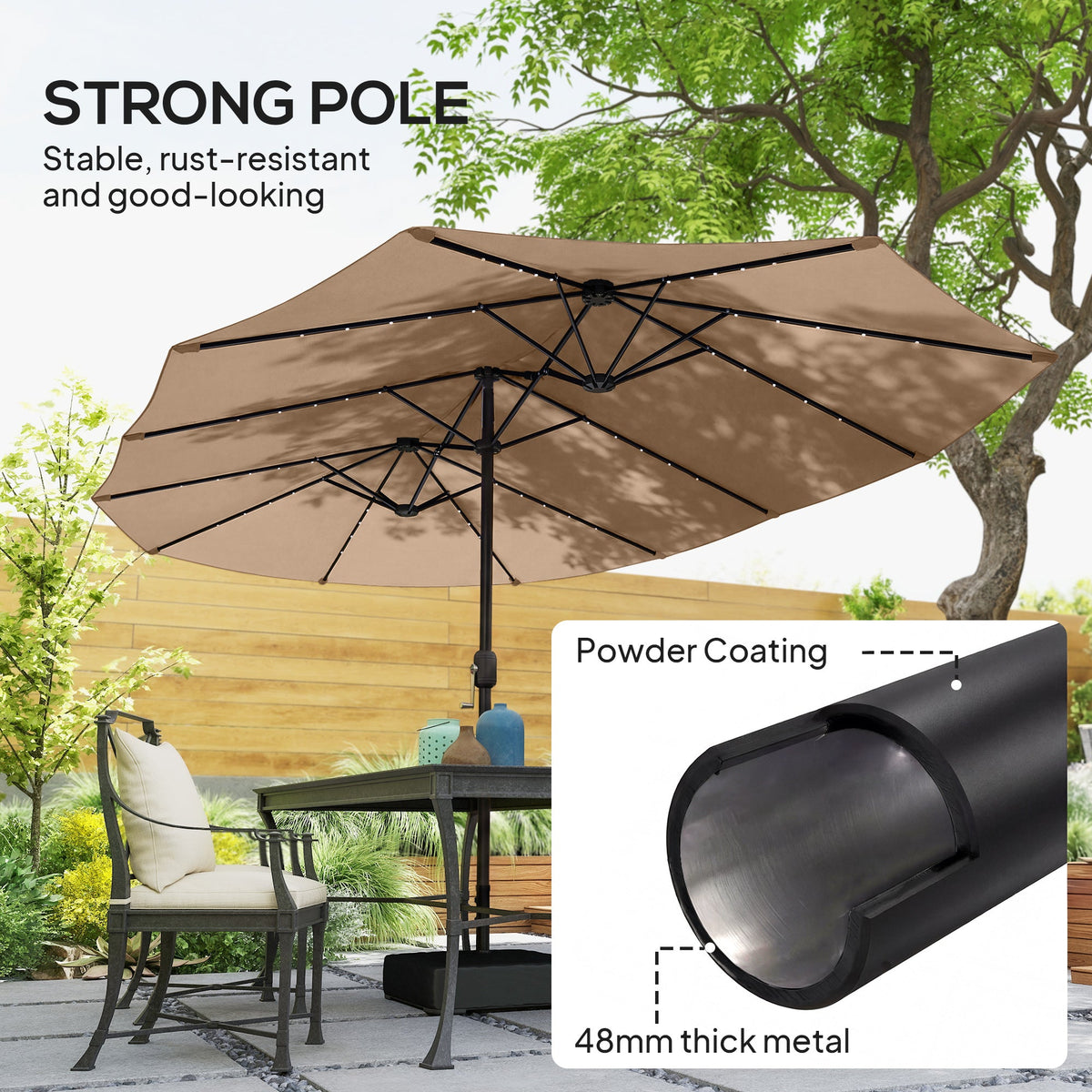 4.5 m Double-Sided Garden Parasol with LED Lights, Base & Sandbags, Khaki