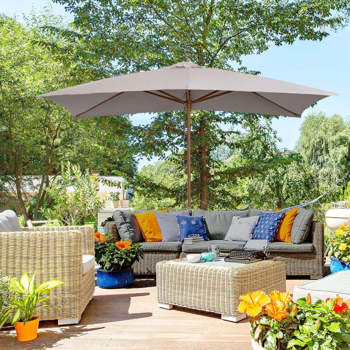 7' x 10' Wooden Patio Umbrella with Top Vent, Grey