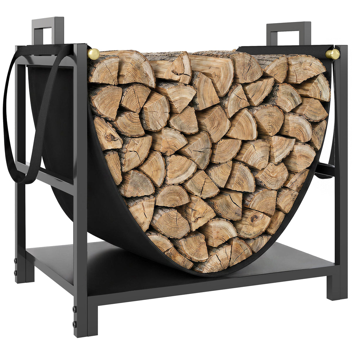 19 Inch Heavy Duty Steel Firewood Rack with Canvas Carrier for Indoor Fireplace Storage, Black