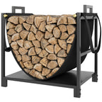 19 Inch Heavy Duty Steel Firewood Rack with Canvas Carrier for Indoor Fireplace Storage, Black