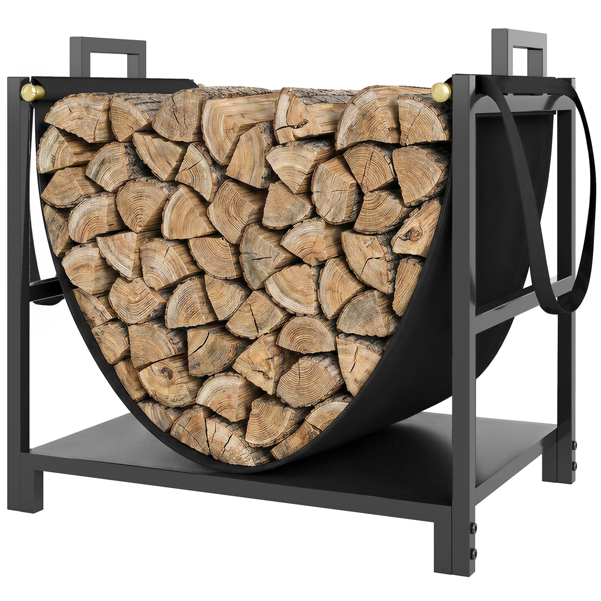 19 Inch Heavy Duty Steel Firewood Rack with Canvas Carrier for Indoor Fireplace Storage, Black