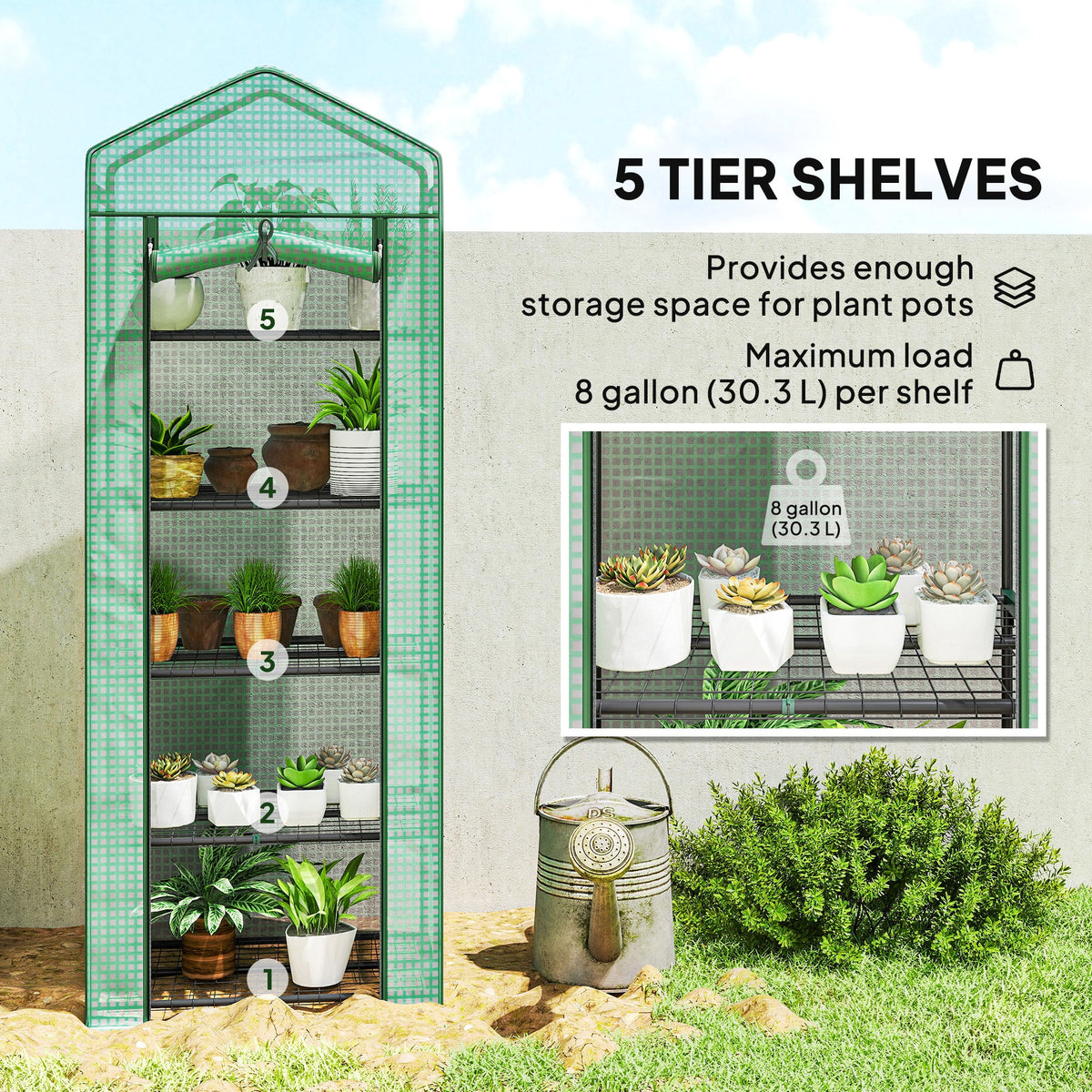 5 Tier Mini Greenhouse with Shelf Clips, 27.25" x 19.25" x 76", Green