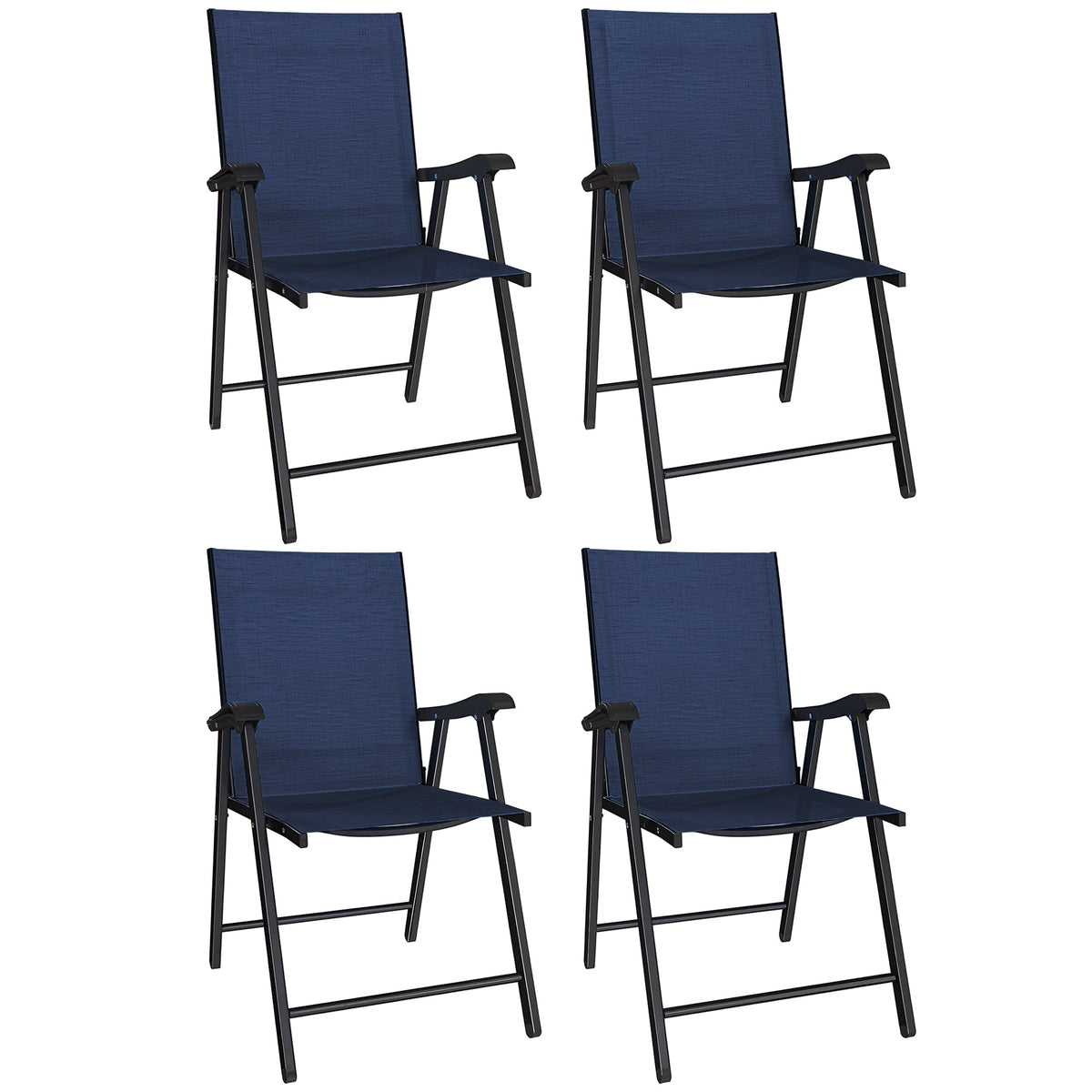 Set of 4 Folding Garden Chairs with High Back and Armrests, Navy Blue