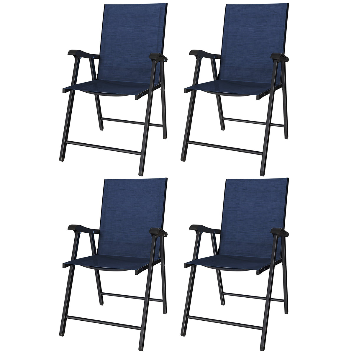 Set of 4 Folding Garden Chairs with High Back and Armrests, Navy Blue