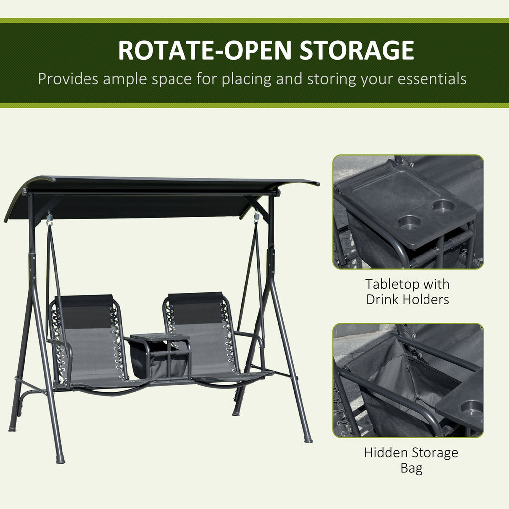 2 Person Porch Swing with Pivot Table, Cup Holder and Canopy, Black