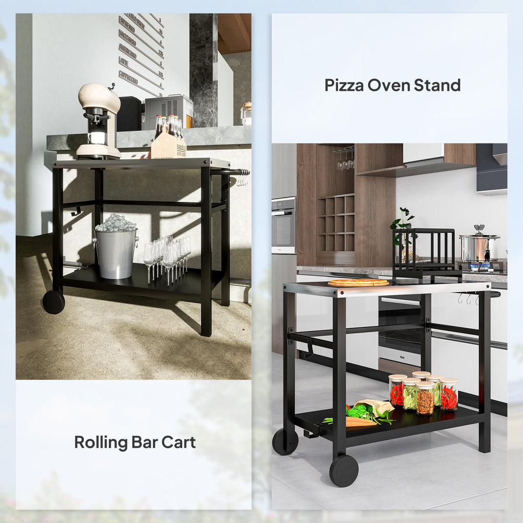 Outdoor Grill Cart with Stainless Steel Top, 2 Shelves and Wheels, Charcoal Grey