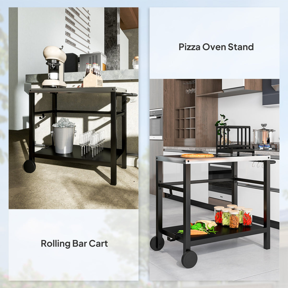Outdoor Grill Cart with Stainless Steel Top, 2 Shelves and Wheels, Charcoal Grey