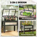 Raised Garden Bed with Flip-Up Greenhouse Top and Legs, Gray