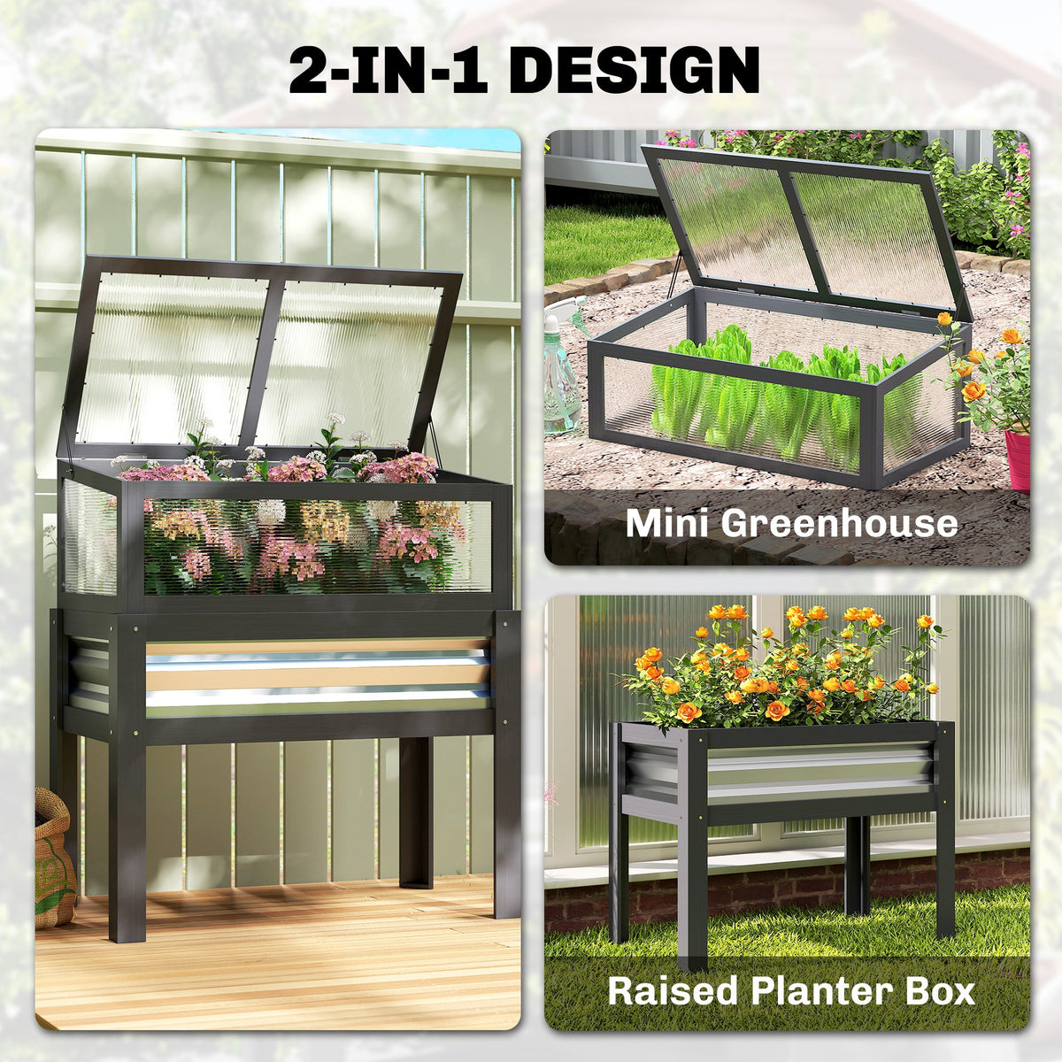 Raised Garden Bed with Flip-Up Greenhouse Top and Legs, Gray