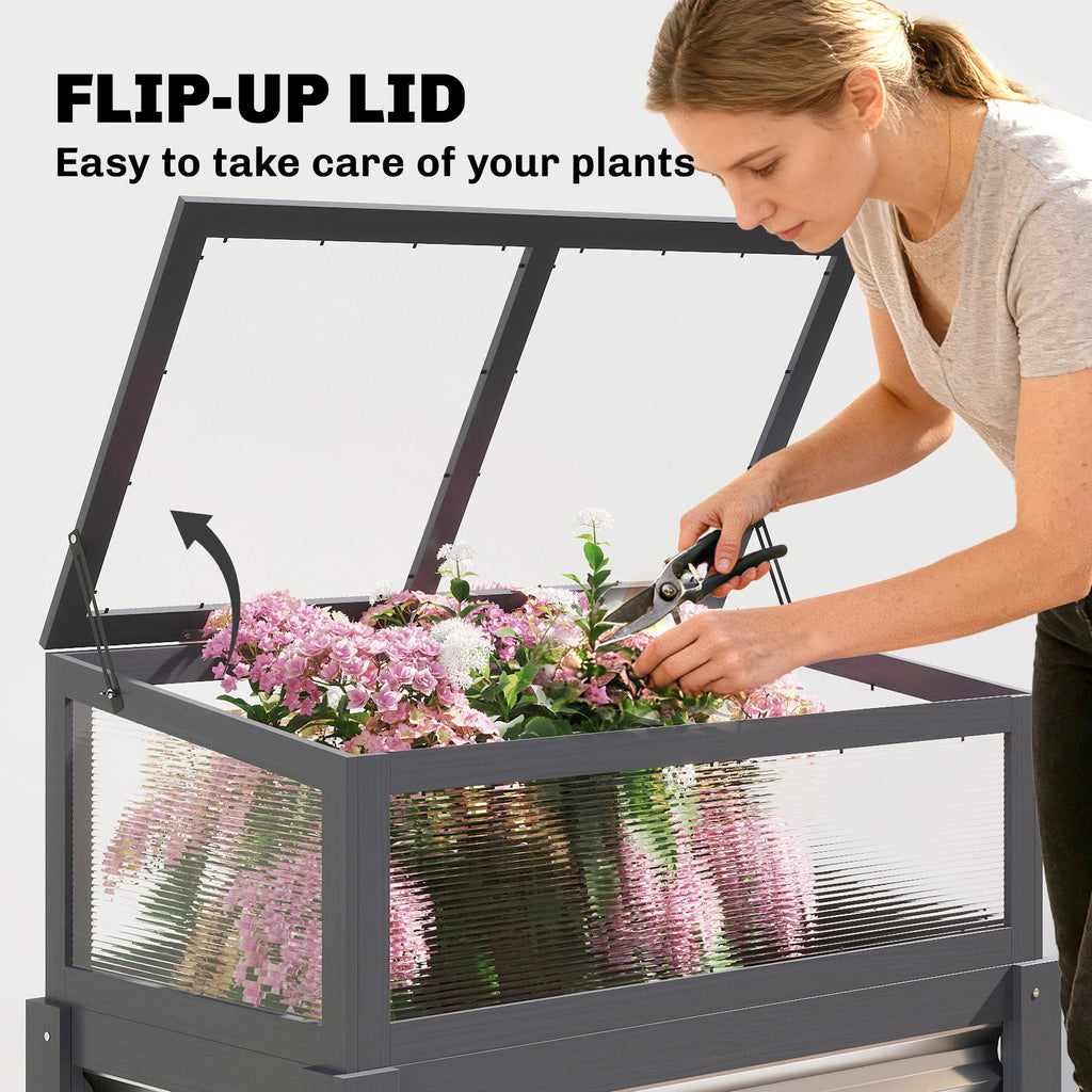 Raised Garden Bed with Flip-Up Greenhouse Top and Legs, Gray