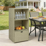 Pool Towel Rack with 2 Shelves and Basket Drawer, PE Rattan, Gradient Gray