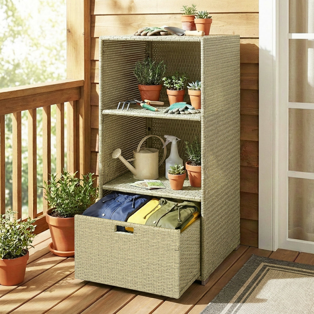 Pool Towel Rack with 2 Shelves and Basket Drawer, PE Rattan, Gradient Gray