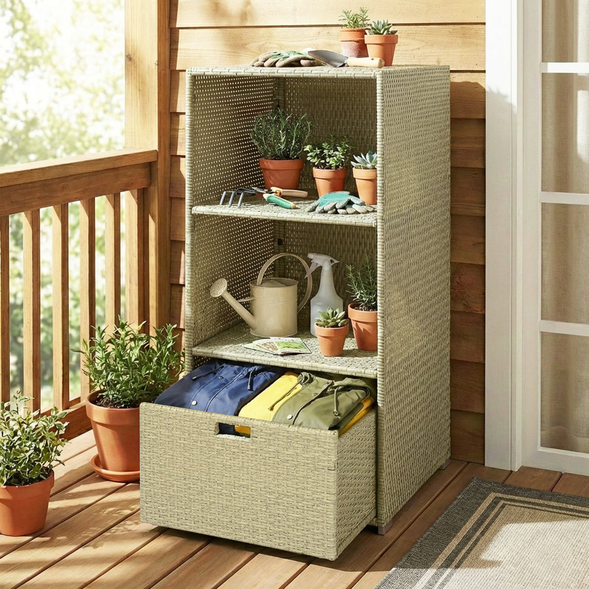 Pool Towel Rack with 2 Shelves and Basket Drawer, PE Rattan, Gradient Gray