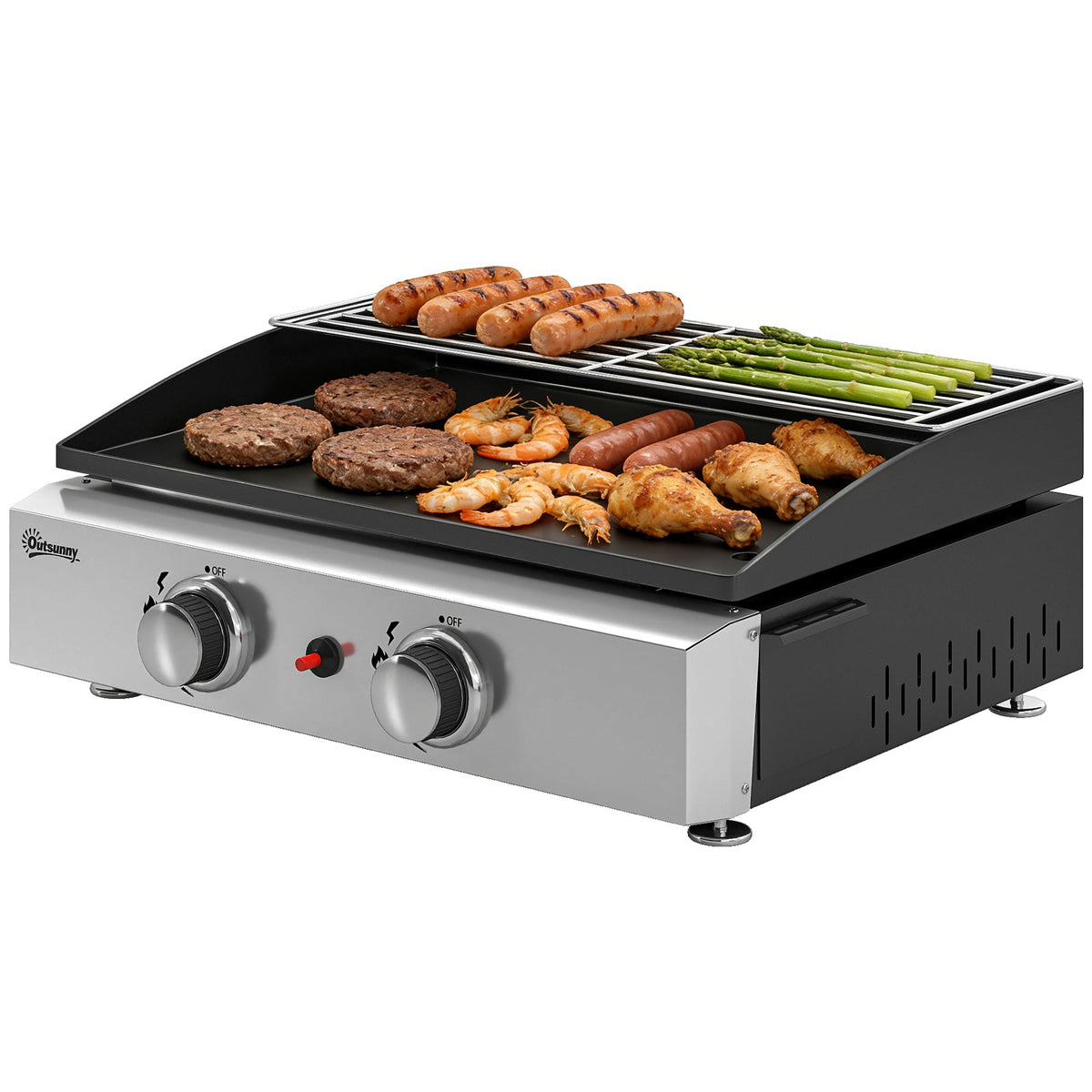 2 Burner Gas Plancha Grill with Warming Rack, 5 kW, Black