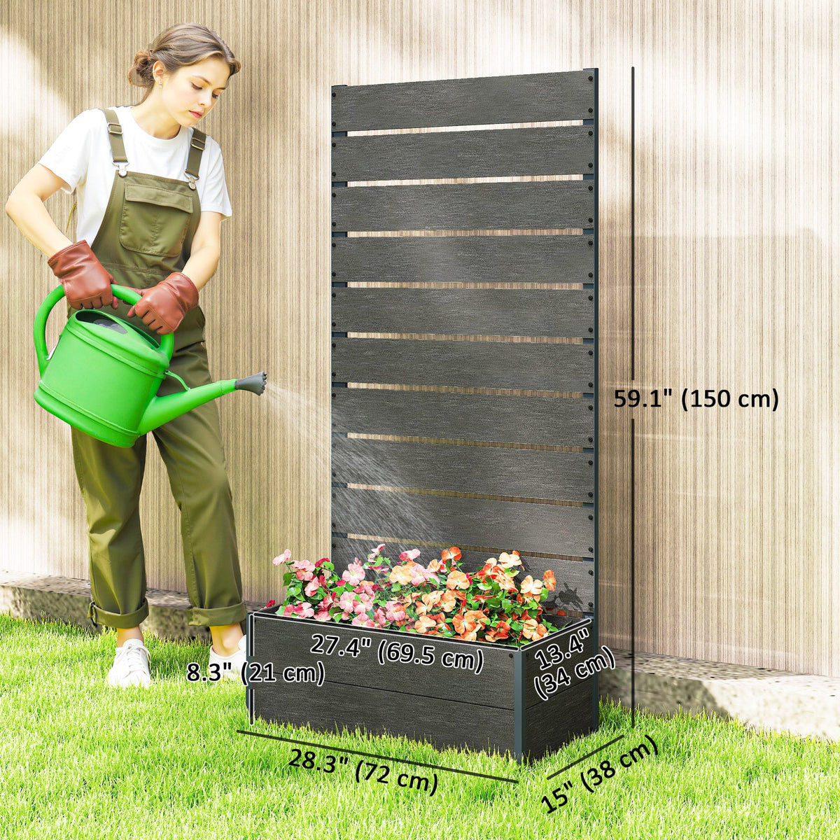 28" x 15" x 59" Raised Garden Bed with Trellis, Dark Grey