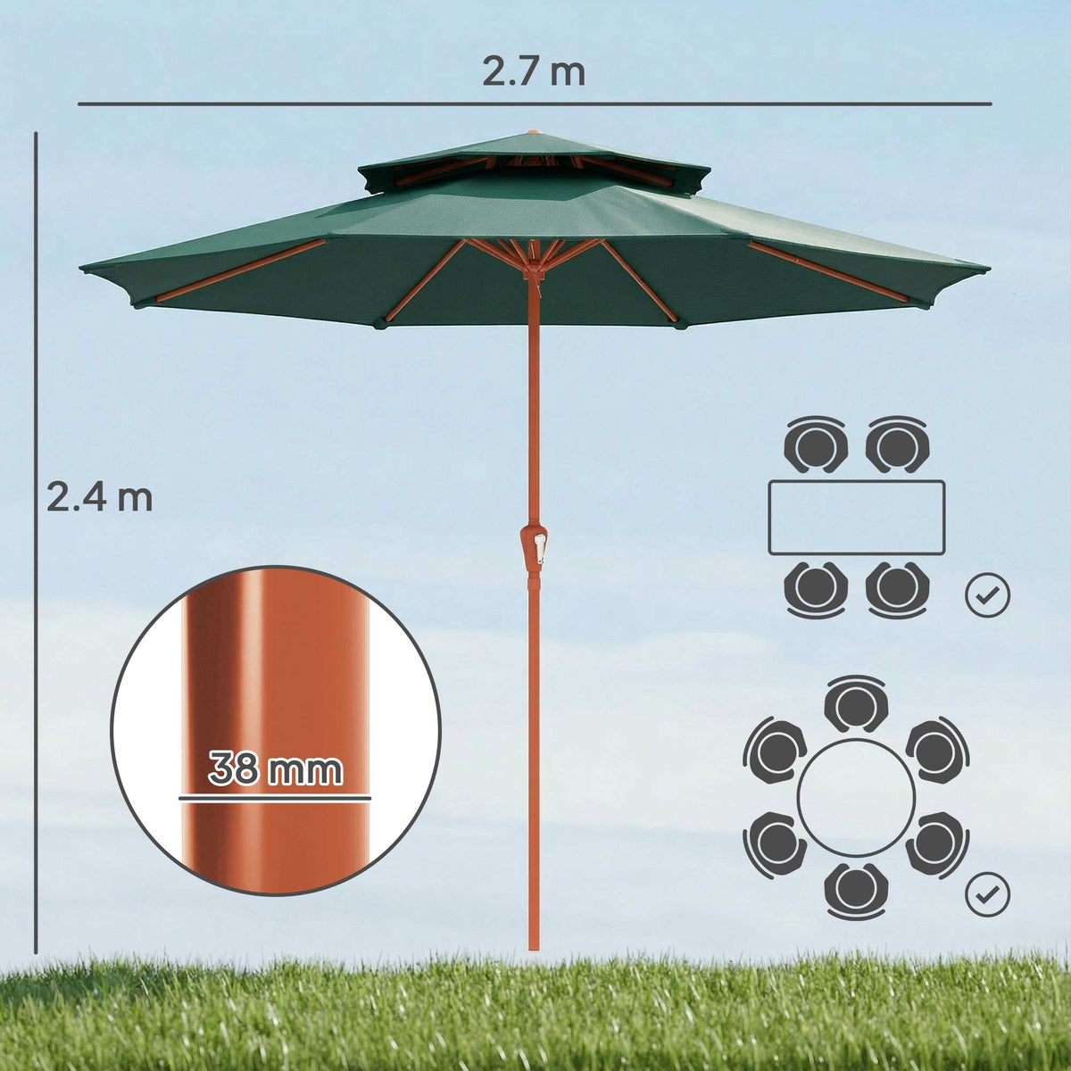 104'' x 104'' Patio Umbrella with Crank and Double Top, Green