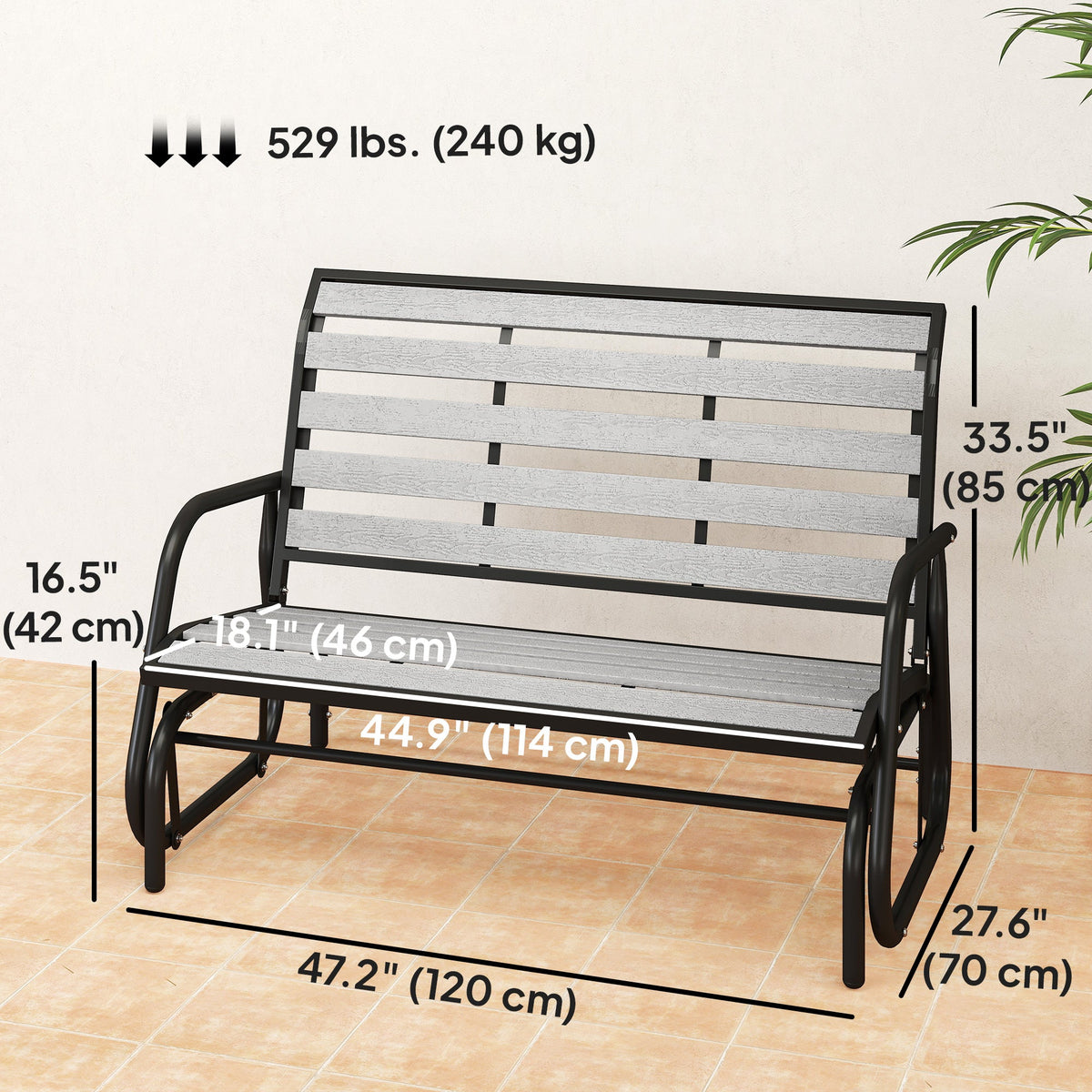 2-Person Outdoor Glider Bench with Faux Wood Slatted Seat and Steel Frame, Grey
