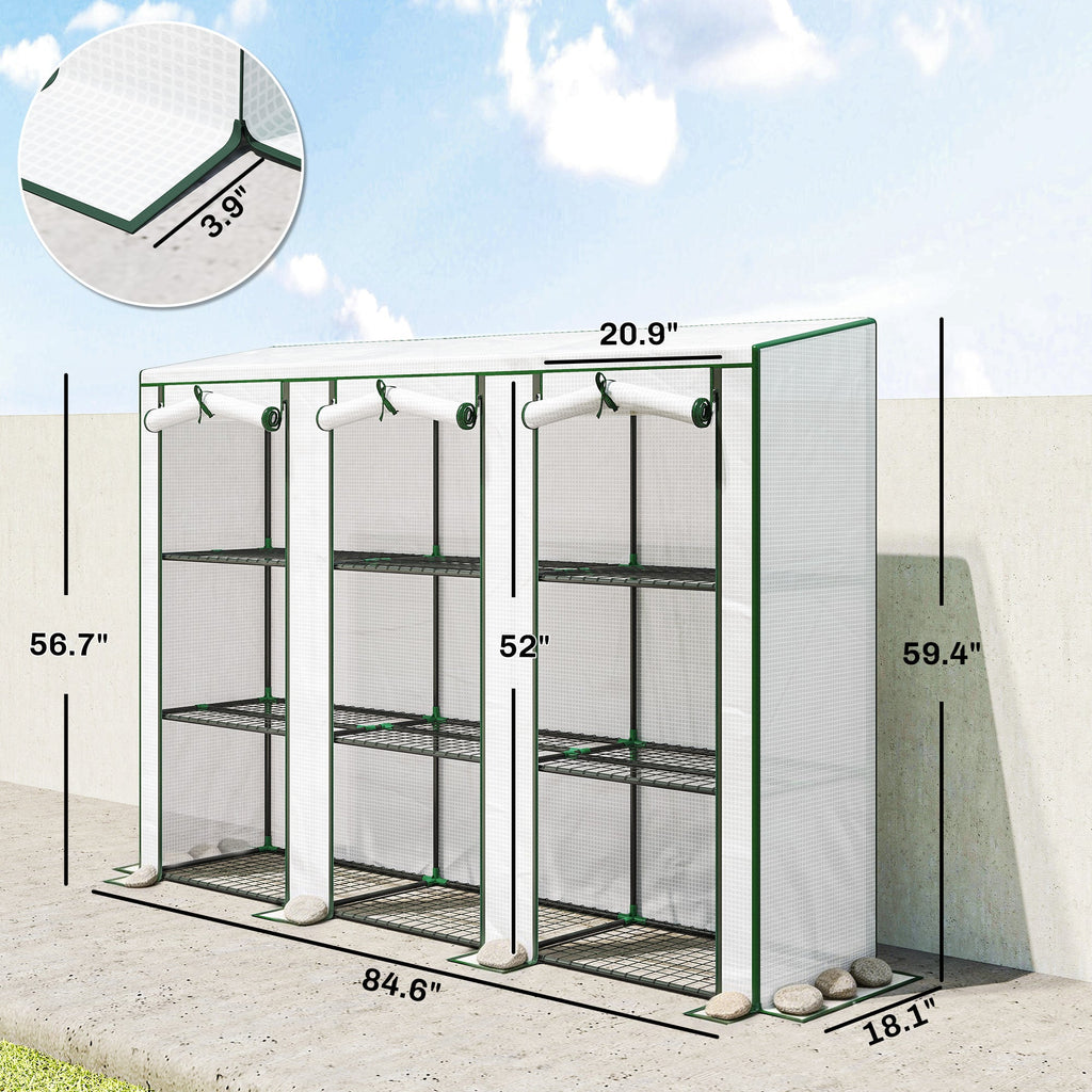 Lean-to Greenhouse 84.6" x 18.1" x 56.7" with 3 Shelves & 3 Rollup Doors, White