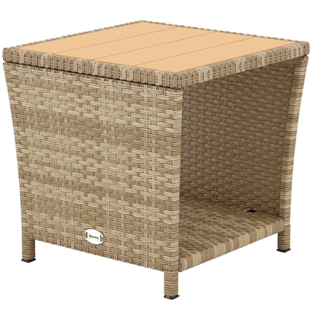 2-Tier PE Rattan Side Table with Storage Shelf, Khaki