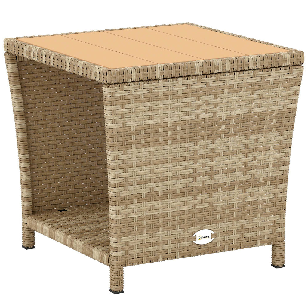 2-Tier PE Rattan Side Table with Storage Shelf, Khaki