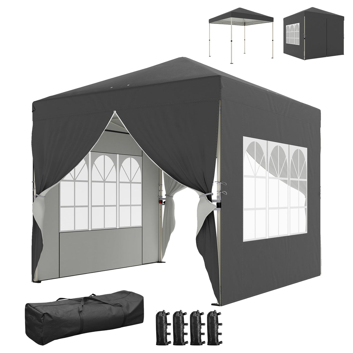 8.2 x 8.2 ft Pop-Up Canopy Tent with 4 Sidewalls & Sandbags, Dark Grey