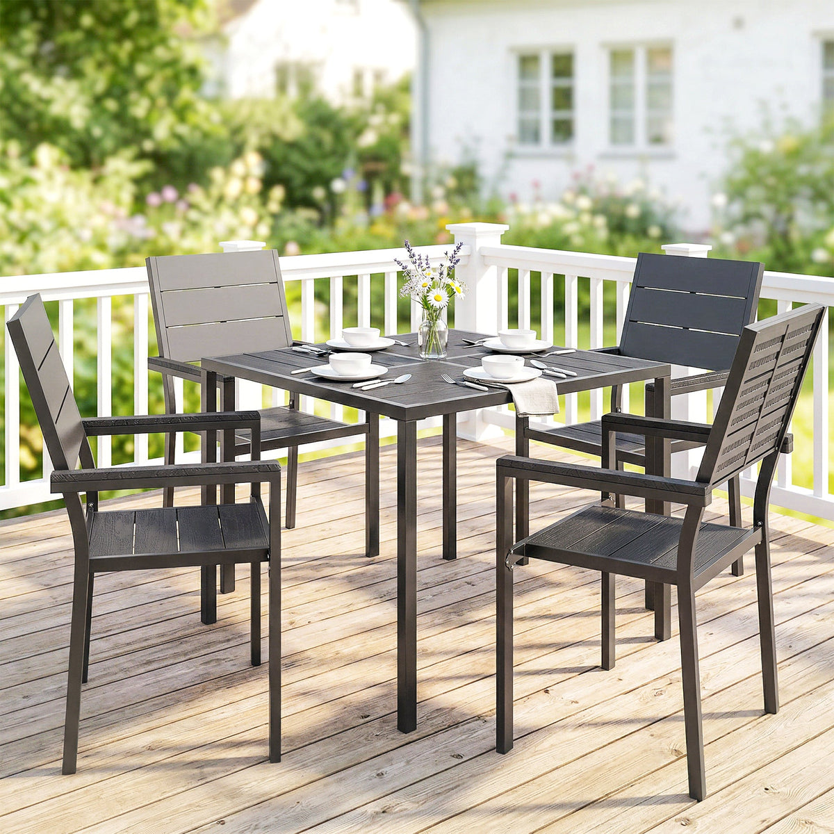 5-Piece Garden Dining Set, Square HDPE Table and Armrest Chairs for 4, Black