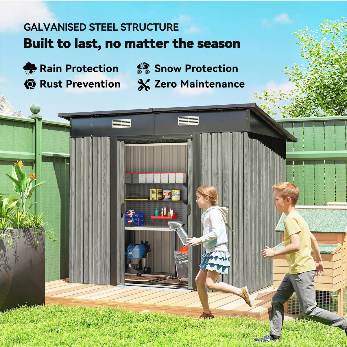 7 x 4 ft Lean-To Metal Shed with Foundation Kit for Bike & Mower, Light Grey
