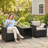 3 Piece Patio Bistro Set with Glass Table and Cushioned Chairs, Beige