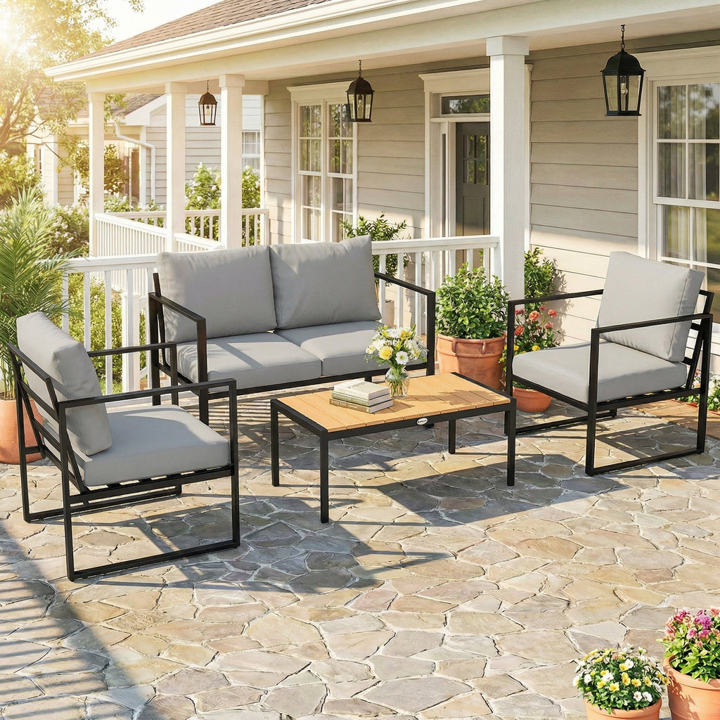 4 Piece Garden Furniture Set with Loveseat, Armchairs and Slatted Table, Grey
