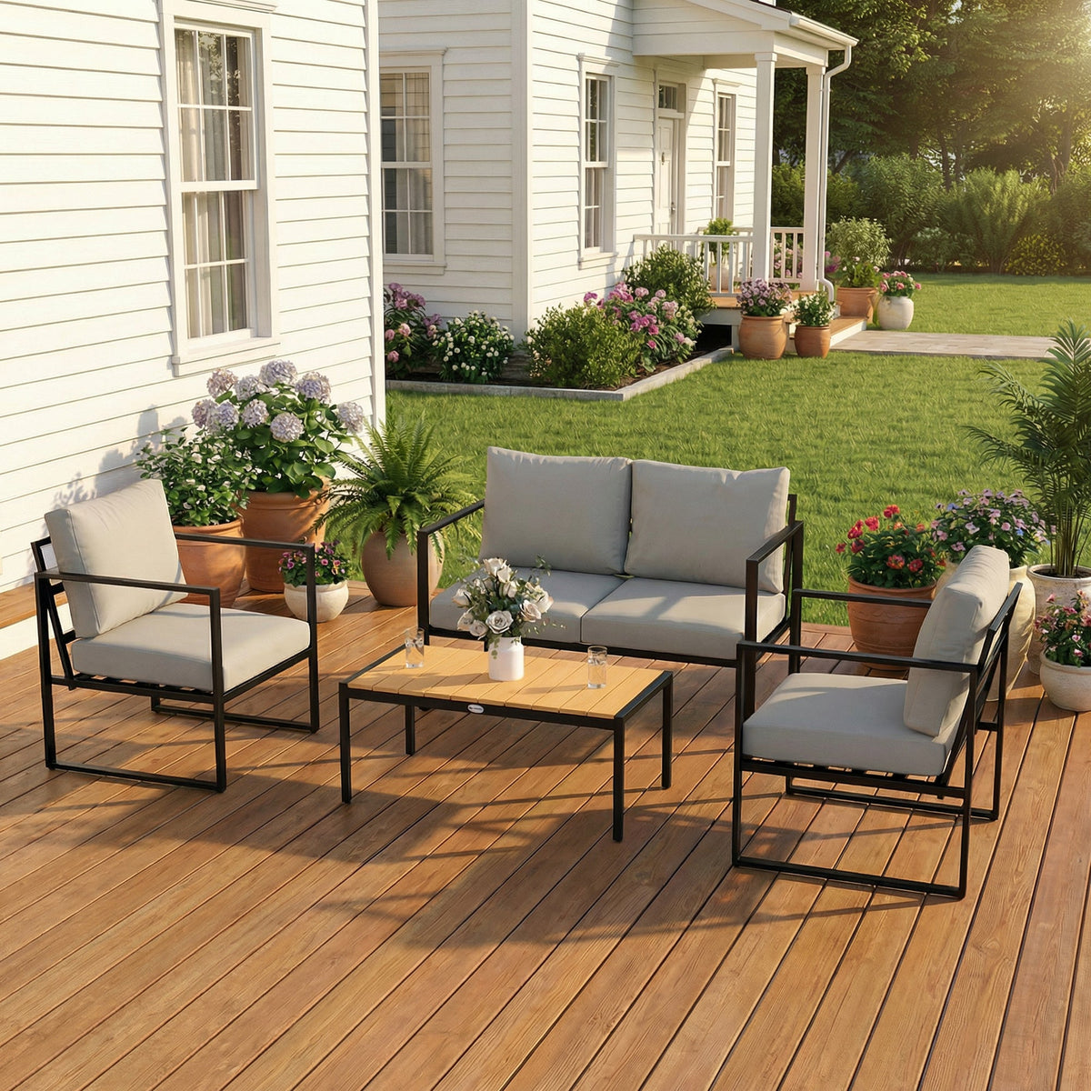 4 Piece Garden Furniture Set with Loveseat, Armchairs and Slatted Table, Grey