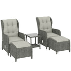 5 Piece Rattan Reclining Chair Set with Footstool and Glass Table, Cream White