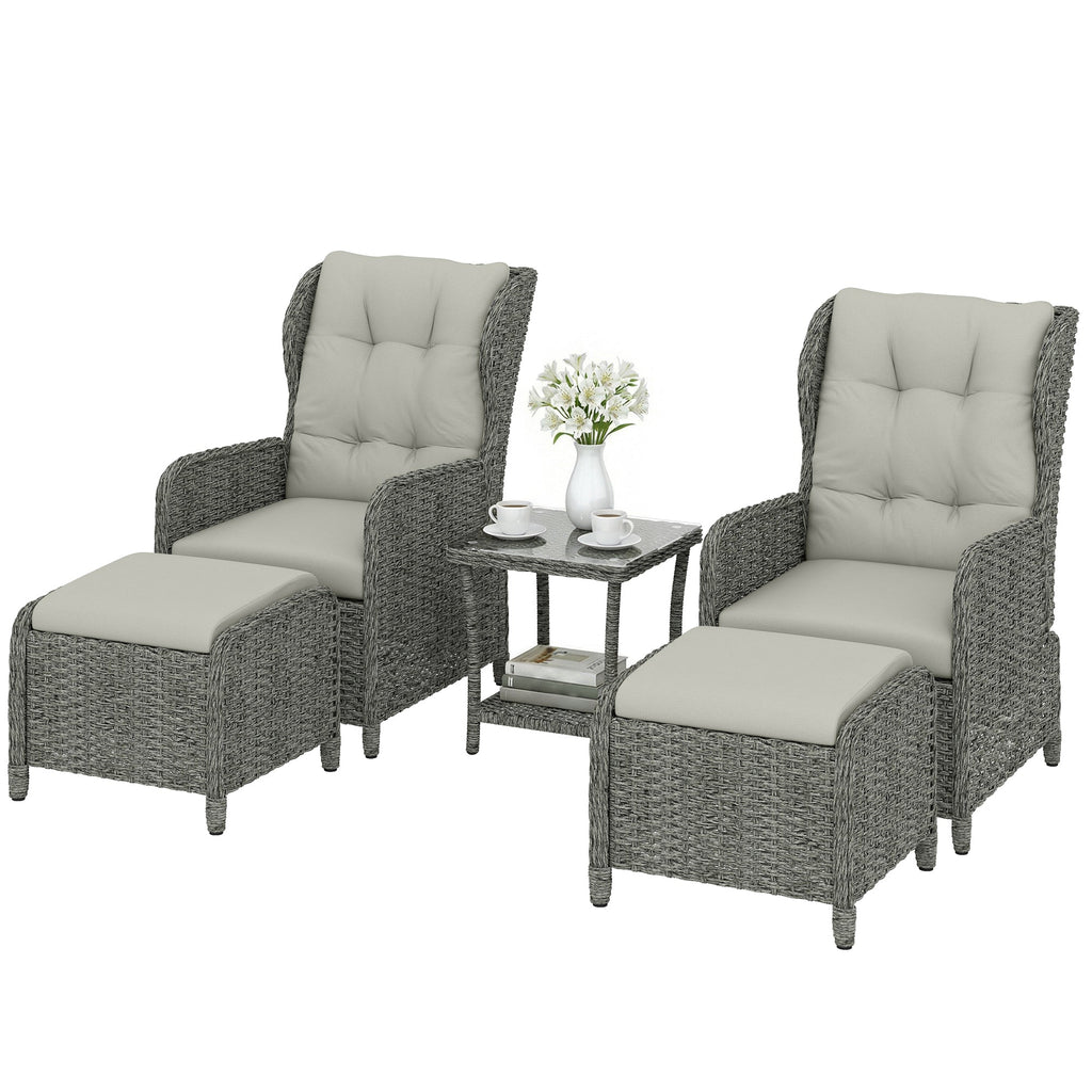 5 Piece Rattan Reclining Chair Set with Footstool and Glass Table, Cream White