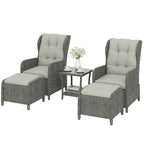 5 Piece Rattan Reclining Chair Set with Footstool and Glass Table, Cream White